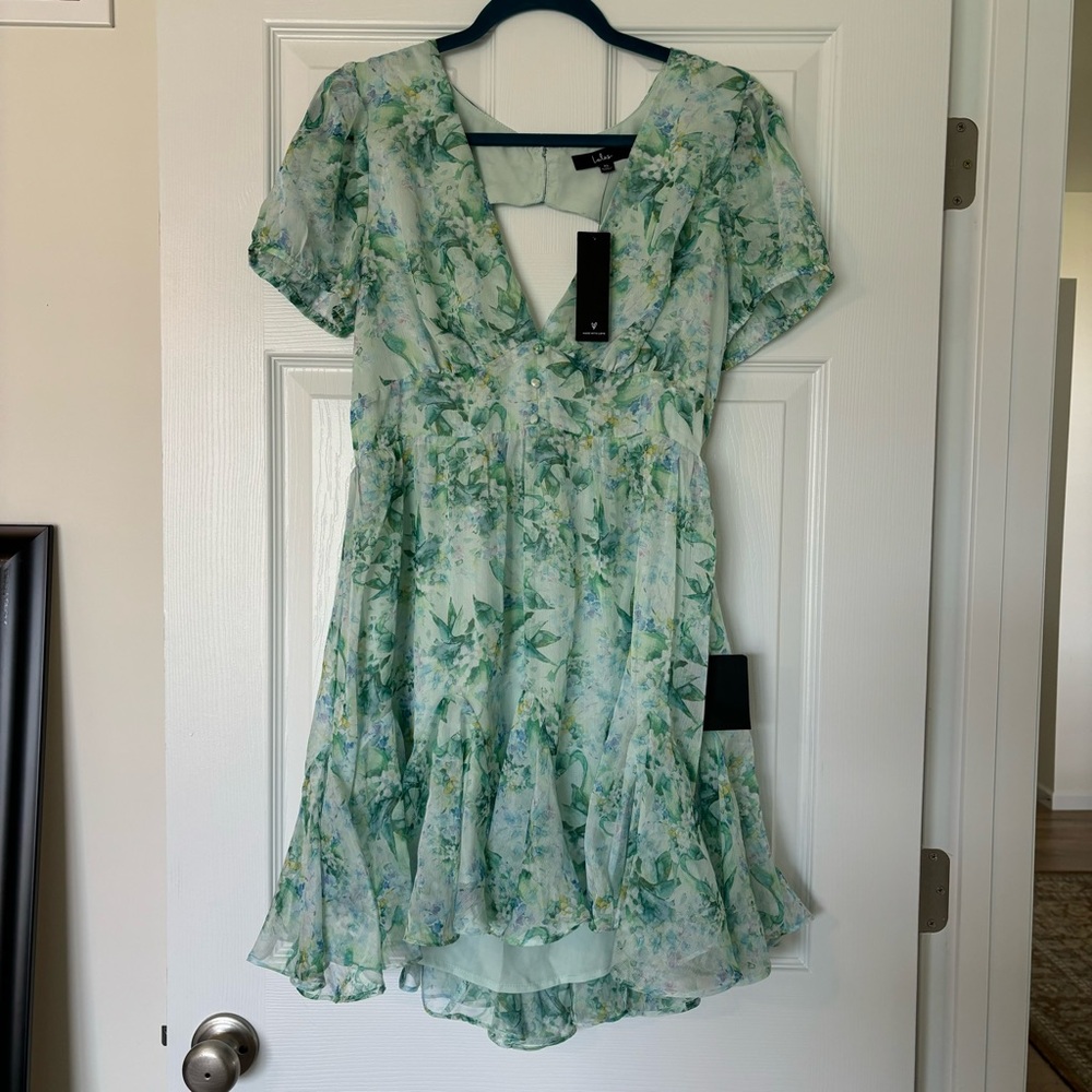 NWT lulus Adored Behavior Light Green Floral Cutout Puff Sleeve Mini Dress XL